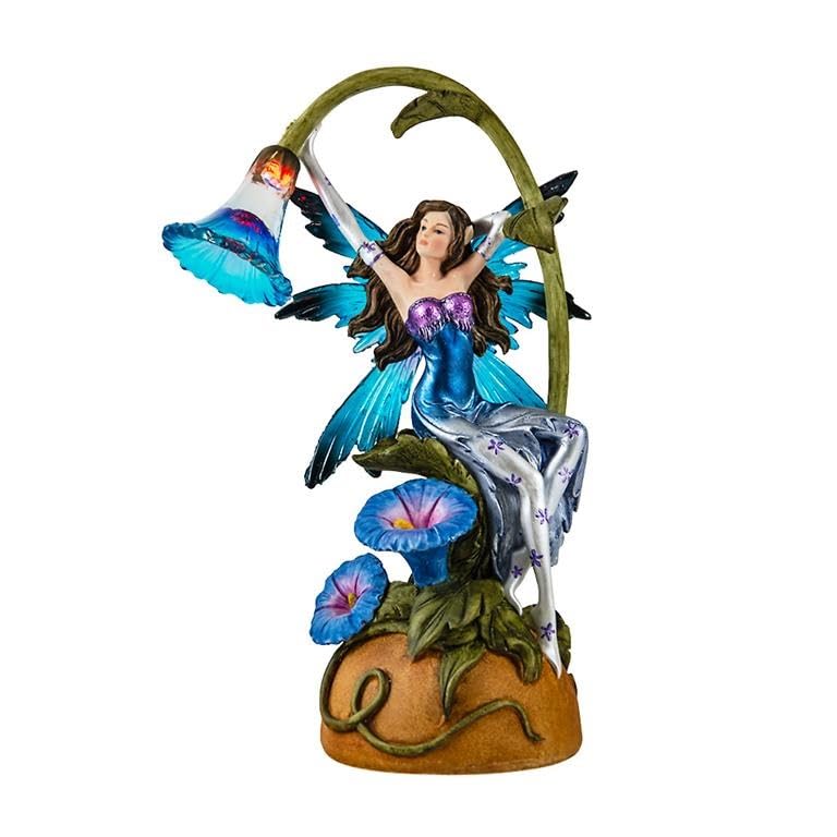 DRW Figura Hada NINFA Azul con luz sobre una Flor de Resina Pintada a Mano 8x10x22 cm