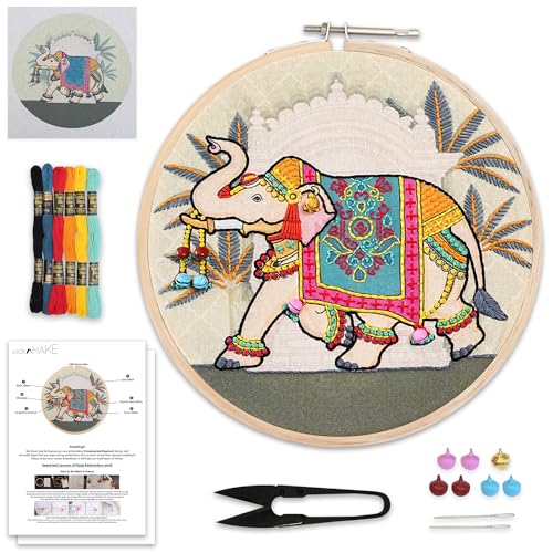 Image of picknMAKE Colorful Royal Elephant Hand Embroidery Kit for Beginners, Adults & Kids - Digital Printed Fabric, Threads, Needles, Ghoongru & Instructions - DIY Embroidery Set