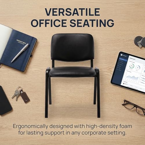 Image of HNY Black Waiting Room Stackable Chairs PU Leather Ergonomic Reception Chairs Set of 15 Conference Desk Guest Chair for Meeting Room, Office, Lobby, Events, Hall