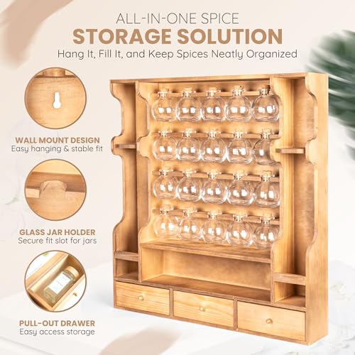 Image of Byers Choice TX Pine Wooden Spice Rack Organizer for Countertop with Rounded Corners and Ample Storage Space - Freestanding Spice Jar Rack with Drawers for Kitchen Pantry, Apothecary