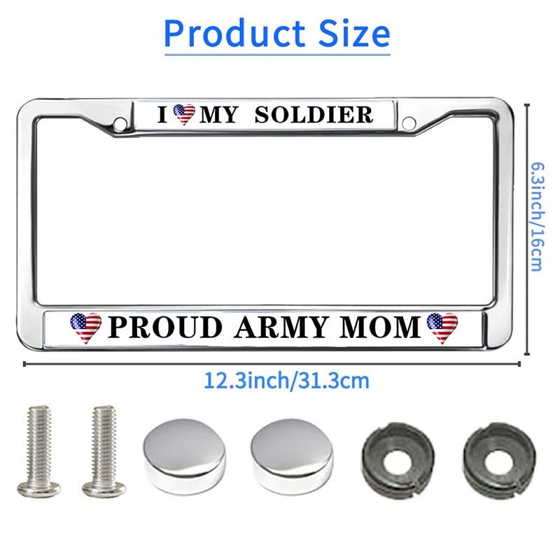 Image of Proud Army Mom License Plate Frame I Love My Soldier Metal Car Tag Holder | Proud Army Mom License Plate Frame Metal Car Tag Holder Cover Fit Standard US Auto Trucks Exterior Accessories Gifts