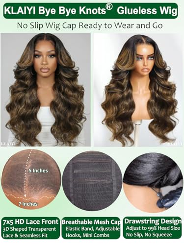 Image of KLAIYI Bye Bye Slip Ombre Balayage Brown Loose Body Wave 7X5 Pre Cut Lace Front Human Hair Wig Drawstring Glueless Highlight Pre Plucked Bleached Knots Wig with Face Framing Bangs 180% Density 24Inch