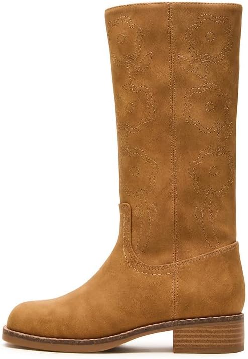 DOEYG Women's Banana Knee High Boots Square Toe Chunky Block Heel Tall Boots Wide Calf Fashion Comfortable Casual Pull on Long Boots