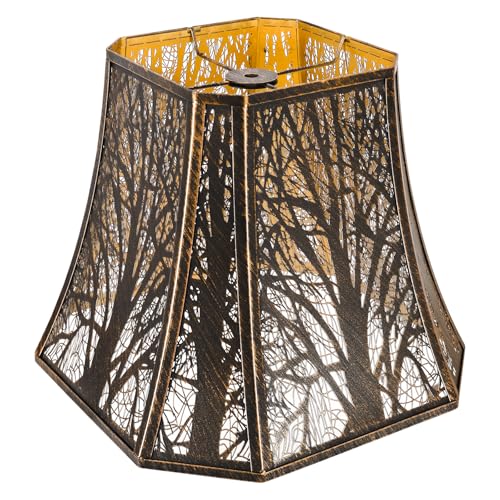 Square Cut Corner Metal Lamp Shades, 7" Top x 12" Bottom x 10.5" High Medium Bell Lampshade (Spider Fitter), Etched Forest Lampshades for Table Lamps