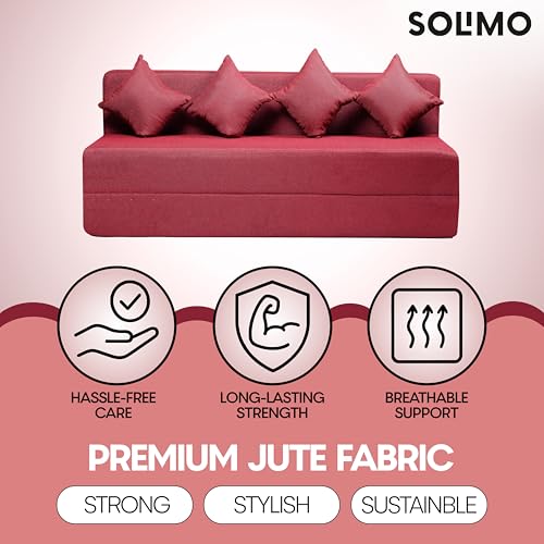 Image of Amazon Brand - Solimo 4 Seater 6 * 6 Jute Fabric Washable Cover Sofa Cum Bed with 4 Cushions 4 Seater Double Foam Fold Out Sofa Cum Bed (Finish Color - Maroon Delivery Condition - Pre-Assembled)