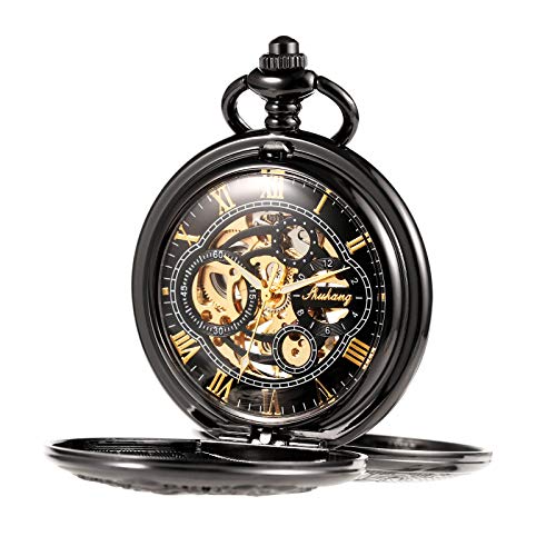 Image of TREEWETO Men's Retro Double Open Skeleton Mechanical Roman Numerals Shield Pocket Watch with Chain for Men Women