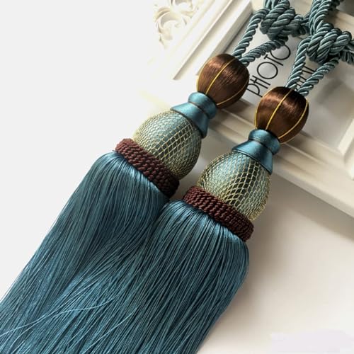 2 Pack Curtain Tiebacks Tassel Drapery Tie-Backs Rope,Luxury Ball Tassel Tiebacks Holdbacks Curtains(Blue)