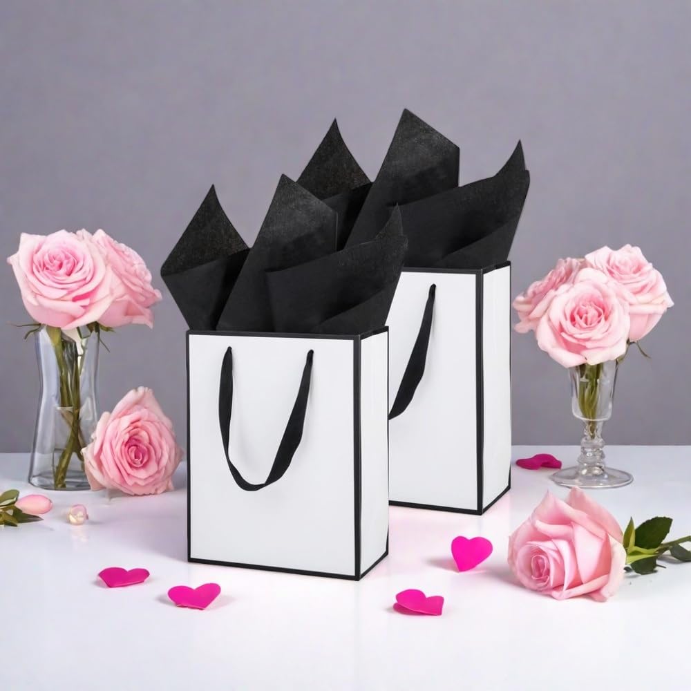 UoeRing Lot de 12 sacs cadeaux en papier métallique avec poignée et papier de soie de taille moyenne pour mariage, demoiselle d'honneur, vacances, fête d'anniversaire, cadeaux avec cartes (24,1 x 19,1