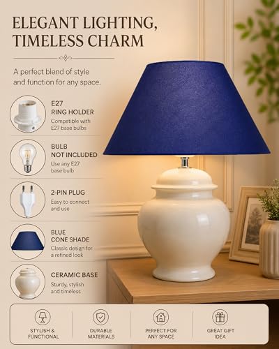 Image of Homesake Ceramic Pot Shaped Base White, Table Lamp with Shade, (Blue)