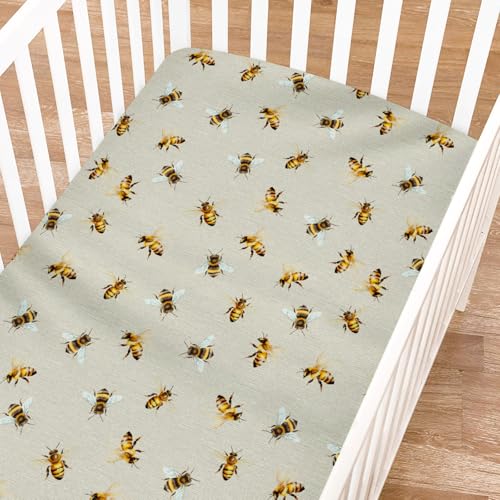 Image of Vintage Bees Crib Sheets for Girl Boy 52 inchx28 inch Sweet Bee Soft Breathable Crib Mattress Covers Honey Bees Baby Sheets for Standard Crib and Toddler Mattress Pads Spring Garden Fitted Bed Sheets