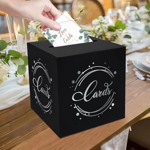Image of 1 Pack Black and Silver Foil Card Box for Party, 8.7 inch Black Gift Card Box Money Box for Birthday, Wedding, Baby Shower, Retirement, Anniversary, Bridal Shower, Raffle Ticket
