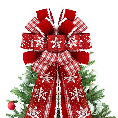 Christmas-Tree-Topper-Bow48x-13-Large-Velvet-Christmas-Wreath-Bows-Xmas-Ornaments-with-Long-Plaid-Streamer-Wired-Edge-Ribbon-for-Farmhouse-Christmas-Decoration-Red Christmas Tree Topper Bow48x 13 Large Velvet Christmas Wreath Bows Xmas Ornaments with Long Plaid Streamer Wired Edge Ribbon for Farmhouse Christmas Decoration Red