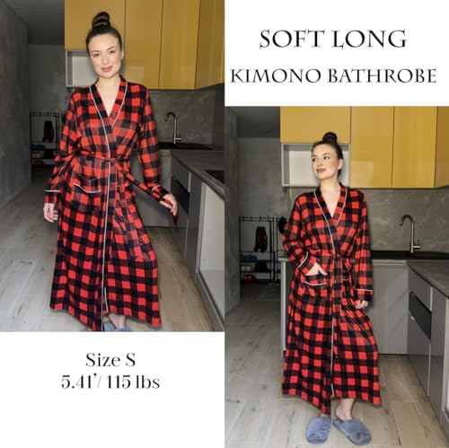 Image of Ekouaer Women Kimono Robes Full Length Knit Bathrobe Lightweight Soft Sleepwear V-neck Casual Ladies Loungewear S-XXL