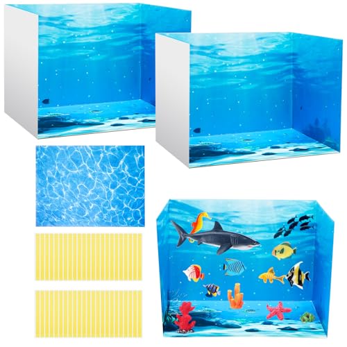 AmazingSpark 2 Set Ocean Diorama Box and Water Sticker Decor Ocean Diorama Project Supplies Set Cardboard Display Case Kit & Water Sticker with Double Sided Tapes for DIY Crafts Toys Dollhouse