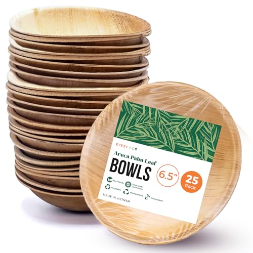 EYESY ECO Disposable Palm Leaf Bowls 6.5 Inch - Compostable & Biodegradable Bamboo Like Bowls - Heavy Duty Paper Plates Alternative for Party Birthday Camping Brunch Dinner (25 Pack)