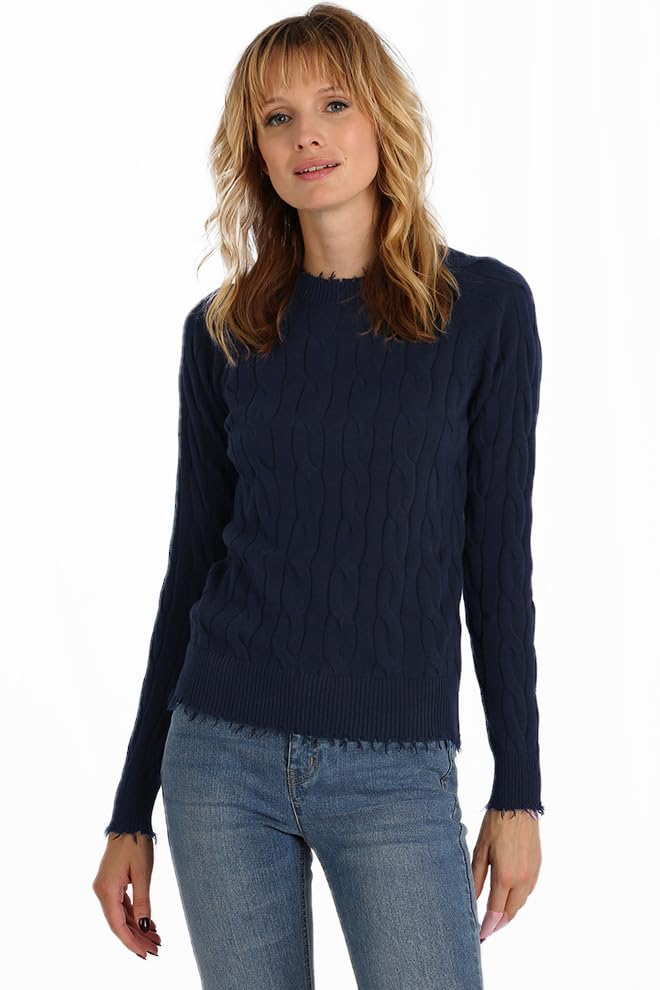 Image of Minnie Rose Women's Crewneck Cable Cotton Frayed Sweater
