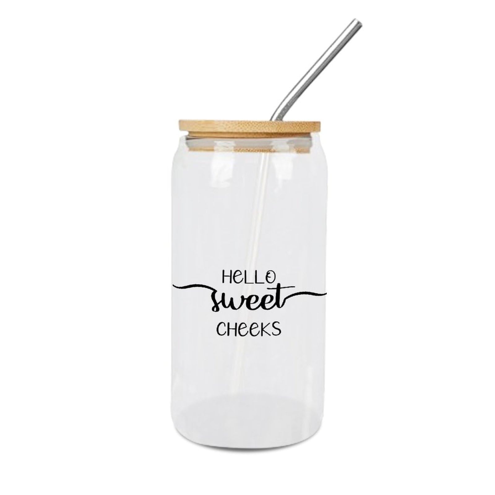 Luckluccy Glass Cups with Bamboo Lids And Straws Hello Sweet Cheeks Glass Cup Drinking Glasses Cups Great For Juicing Coffee Soda Tea 16 OZ