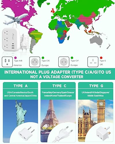 European Travel Plug Adapter, Alitayee EU/UK/US Travel Power Strip with 3 Outlets 3 USB Ports, International Universal Plug Adapter with 3ft Extension Cord to EU UK Italy Spain France Germany Cruise - Image 3
