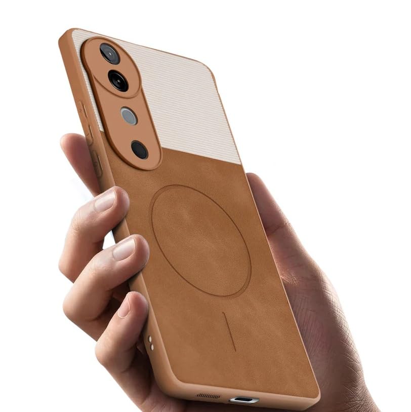 Image of Bintage CASE Dual-Leather Mac Safe Design Phone Case| Soft Touch Finish | Full Camera Protectection Back Cover Compatible for Vivo V2348 / Vivo V40 5G - White & Nut Brown