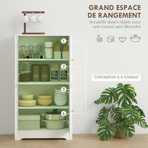 HOMCOM Bufet kuchenny, szafka do przechowywania, nowoczesna szafka na naczynia z 4 łukowymi drzwiami i 2 regulowanymi półkami, do jadalni, salonu, 60x30x110 cm, biały