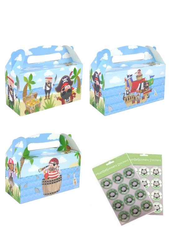 MustBeBonkers LARGE PARTY BOXES - PACK OF 12 - Children/Kids Party Food Boxes Picnic Carry Meal Box Birthday Party Box With Sticker Seals (Pirate)