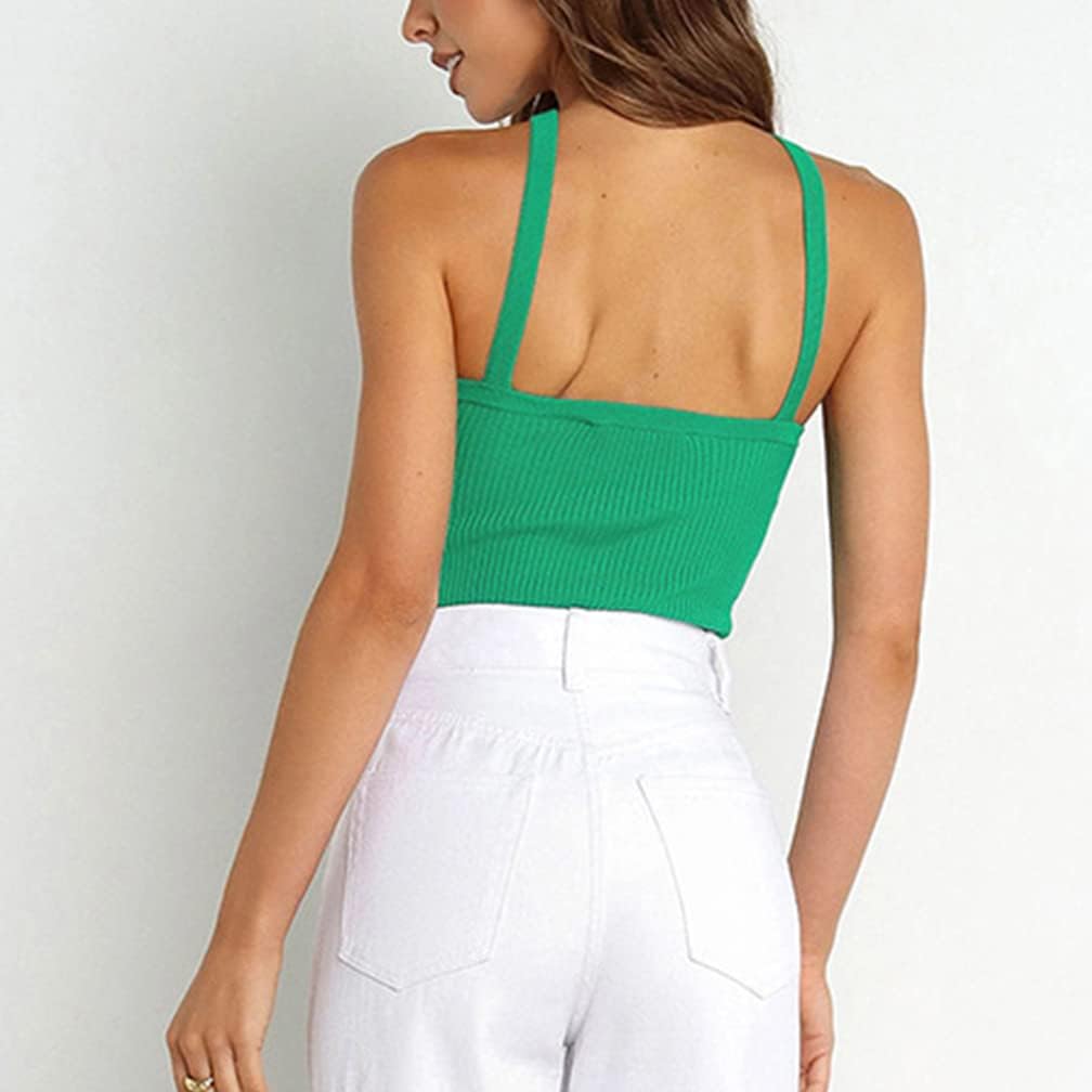 WFHFNJW Women Sexy Criss Cross Ribbed Knit Halter Crop Cami Sleeveless Backless Slim Fit Solid Casual Cropped Tank Top(M US Women, Green) - Image 2