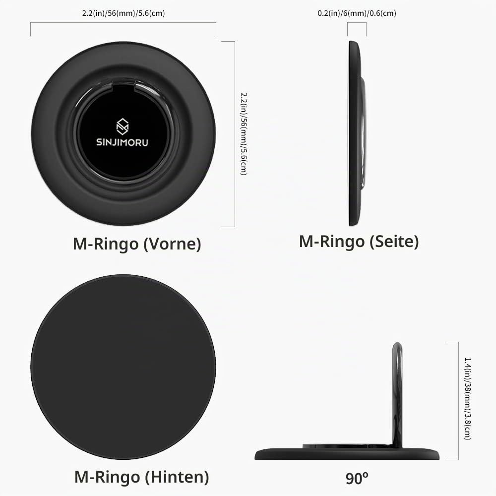 Sinjimoru Rutschfester Magnet Handy Ring Halterung für MagSafe, Abnehmbarer Handy Fingerhalter & Handy Ständer Phone Ring Holder für iPhone17 16 15 14 13 Reihe. M-Ringo Metallisches Schwarz