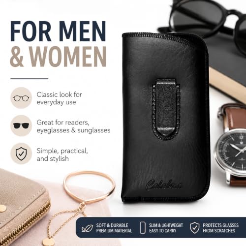 Image of Calabria Slim Eyeglass Case with Felt Lining -Black W /Clip PU Leather | Soft Slip-In Glasses Sleeve | Pocket Clip Option | Protective Slim Eye Glasses Case Soft Pouch