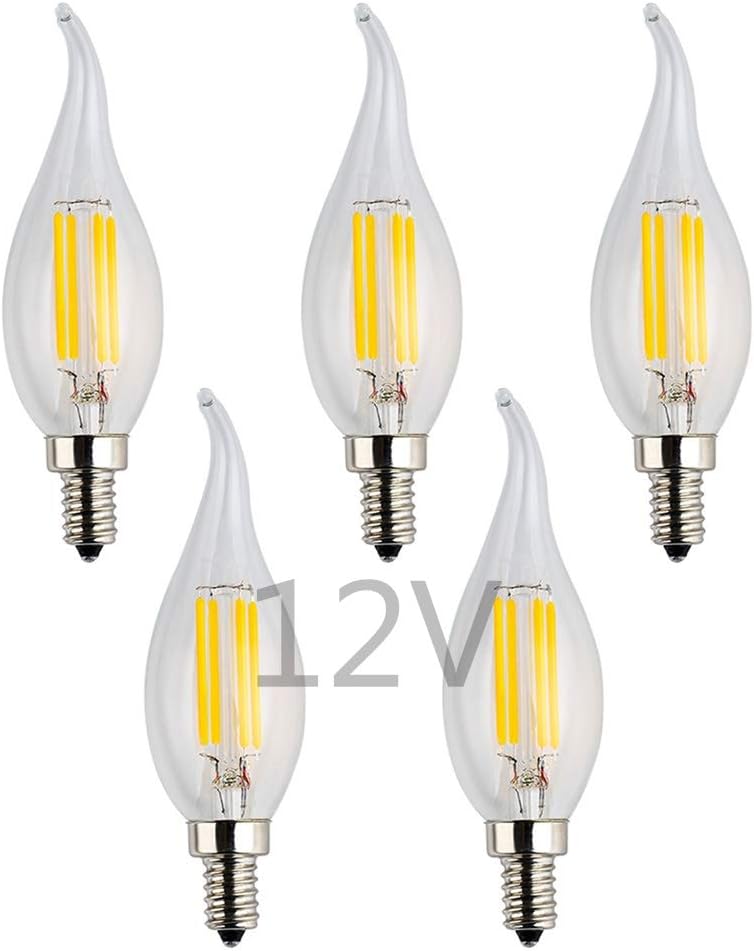 Low Voltage 12V LED Candelabra Bulb, 12V DC or 12V AC, 4W Dimmable, 2700K Warm White Light, E12 Small Base, 40W Incandescent Replacement, 12Volt DC Operated, Clear Glass Flame Tip, 5-Pack