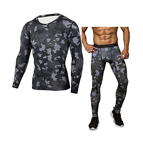 ENKA Camo Men's Thermal Underwear Sets Winter Gear Base Layer Long Johns; Tops+Pants(Black,L)