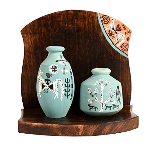Image of AAKRITI ART CREATIONS Wooden Wall Decor Shelf with 2 Pots Madhubani Design | Handcrafted Wooden Hanging Shelf with Terracotta Vases | Matte Finish Decorative Art for Living Room, Entryway & Gifting