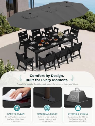 Image of SERWALL 76 inch Outdoor Dining Set for 8, All Weather Dining Furniture, Black