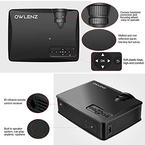 Detailed view of OWLENZ SD60 projector showing convex keystone correction and focusing wheel, matted non-reflective panel, soft plastic keys, IR remote control receiver, and built-in speaker system.