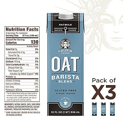 Califia Farms Oat Milk, Original Barista Blend, Shelf Stable, Non Dairy Milk, Creamer, Vegan, Plant Based, Gluten Free, Non GMO, 32 Fl Oz (Pack of 3)