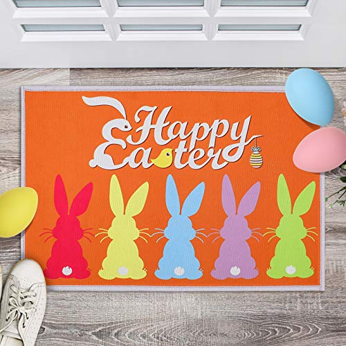 Nuanchu Easter Welcome Door Mat Happy Easter Rabbit Rugs Indoor Outdoor Doormats for Front Door Bathroom Non Slip Washable Doormats for Home Easter Day Decoration, 15.7 x 23.6 Inch