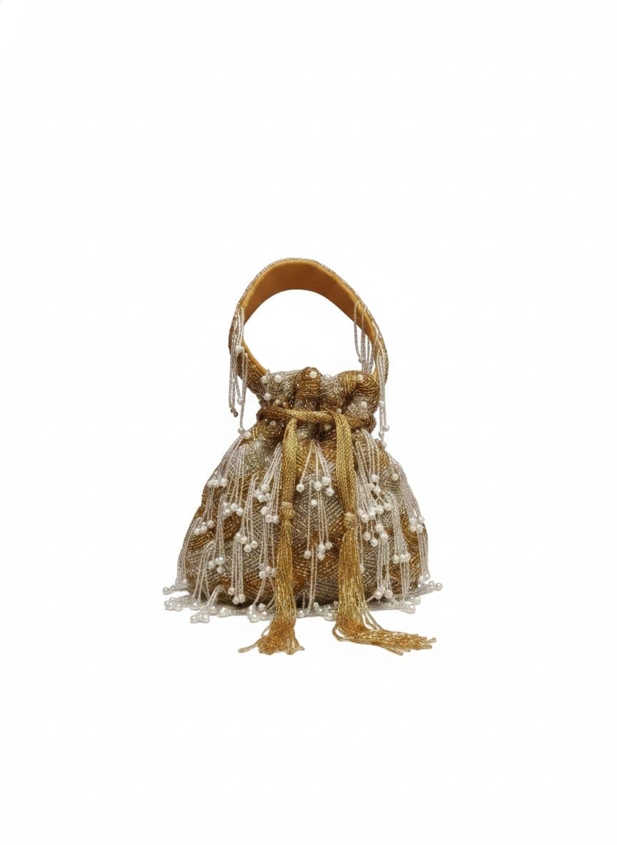 embroidered Potli Bag, Gold, Pearl Beaded with Tassels, Ethnic Bridal Potli for Women-image-6