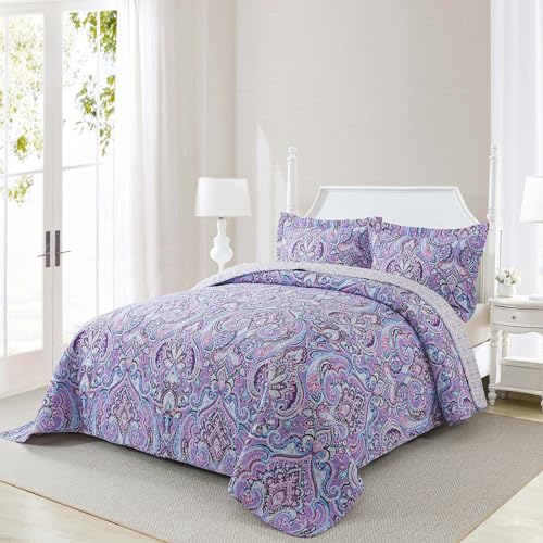 NEWLAKE Cotton Bedspread Quilt Sets-Reversible Patchwork Coverlet Set, European Purple Floral Pattern, King Size