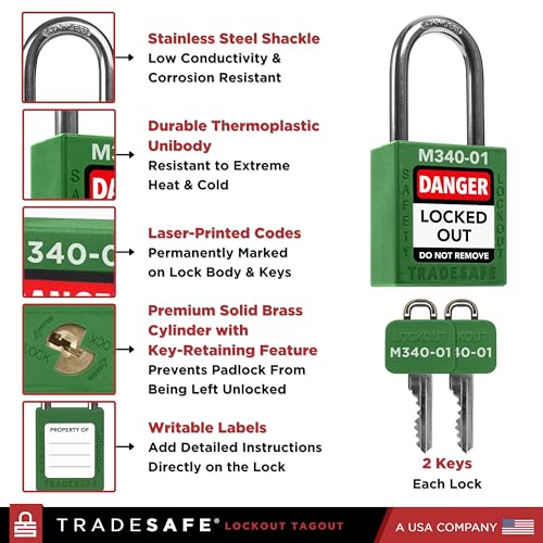 Image of TRADESAFE Lockout Tagout Locks Set with Master Keys - 10 Green Loto Locks Keyed Different, OSHA Compliant Lock Out Tag Out Padlocks for Lockout Tagout Kit, 2 Keys Per Lock