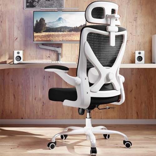 Image of Ergonomic Office Chair - Mesh Desk Chair with Adjustable Lumbar Support High Back Computer Gaming Chairs - Big and Tall Office Chairs Adults, Comfortable for Long Hours, White Black