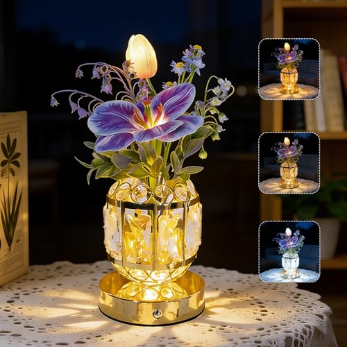 BVI BOOMERVIVI Lampe De Table Tulipe, 3 Couleurs Lampe De Chevet Tactile en Cristal avec Vase à Intensité Variable,Lampe de Bureau Rechargeable Sans...