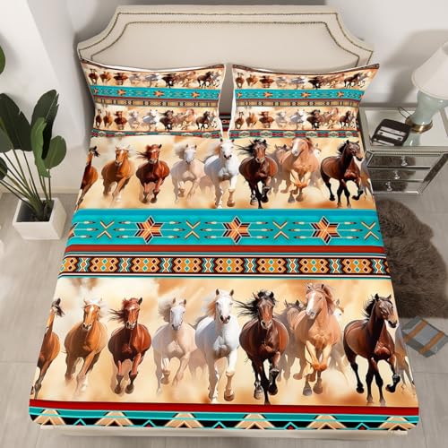 Horses Fitted Sheet Full Horse Themed Room Decor for Girls, Bohemian Native Aztec African Tribal Horse Print Bedding, Boho Western Rustic Farmhouse Bedroom Bed Sheets Exotic Nordic Style Bed