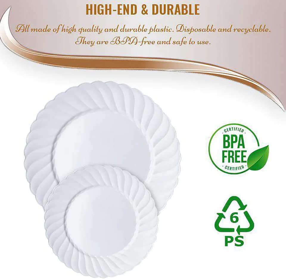 Miniatura 4 de Platos llanos blancos 162 piezas  Platos desechables para fiestas  Platos de plástico resistentes para recepción de boda  Platos de boda de diseño