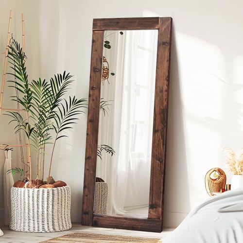 Image of 65x24in Full Length Mirror, Solid Wood Convex Frame, Brown | HD Tempered Glass, Wall Mounted Or Leaning, Rustic Modern Decor for Bedroom Entryway Living Room