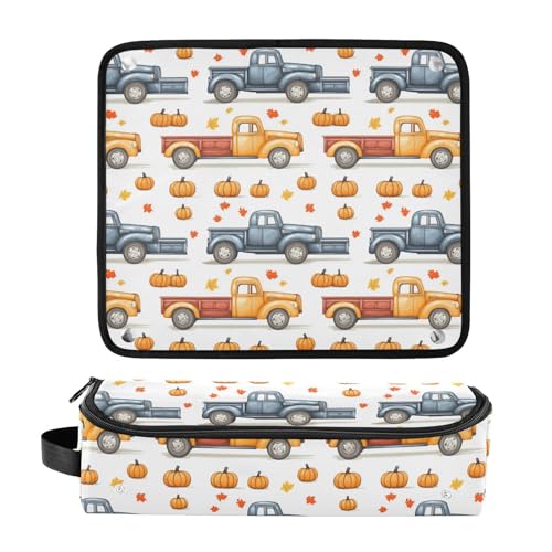 Bolsa organizadora portátil para herramientas de cabello con diseño de camiones y calabazas, resistente al calor, para planchas, rizadores y accesorios de cuidado capilar miniatura 3