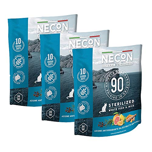 NECON Pet Food Natural Wellness Pescado Blanco y arroz 3 x 400 g, alimento para Gatos esterilizado, croquetas de bajo Grano ricas en Omega 3, Calidad súper Premium,, Gluten