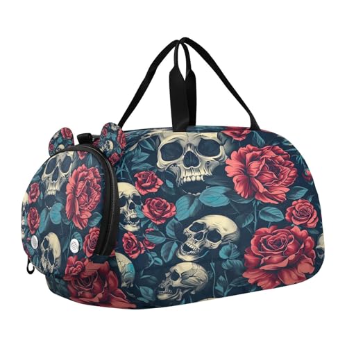 YETTASBIN Sport Travel Duffel Bag for Girls Boys, Skull Flower Large Waterproof Weekender Overnight Bag, Detachable Shoulder Strap Gym Bag with Shoe Compartment & Wet Pocket