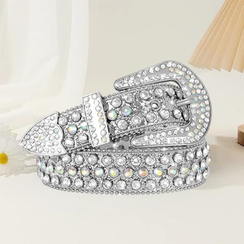 Rhinestone Waist Belt Women Statement Faux Leather with Rivet Silver M2