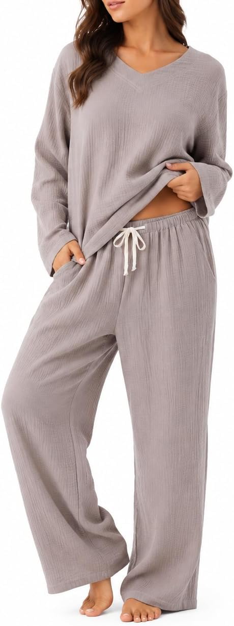 Women's Double Gauze Cotton Pajama 2-Piece Set, Wrinkle Textured Soft Breathable Skin-Friendly Loungewear