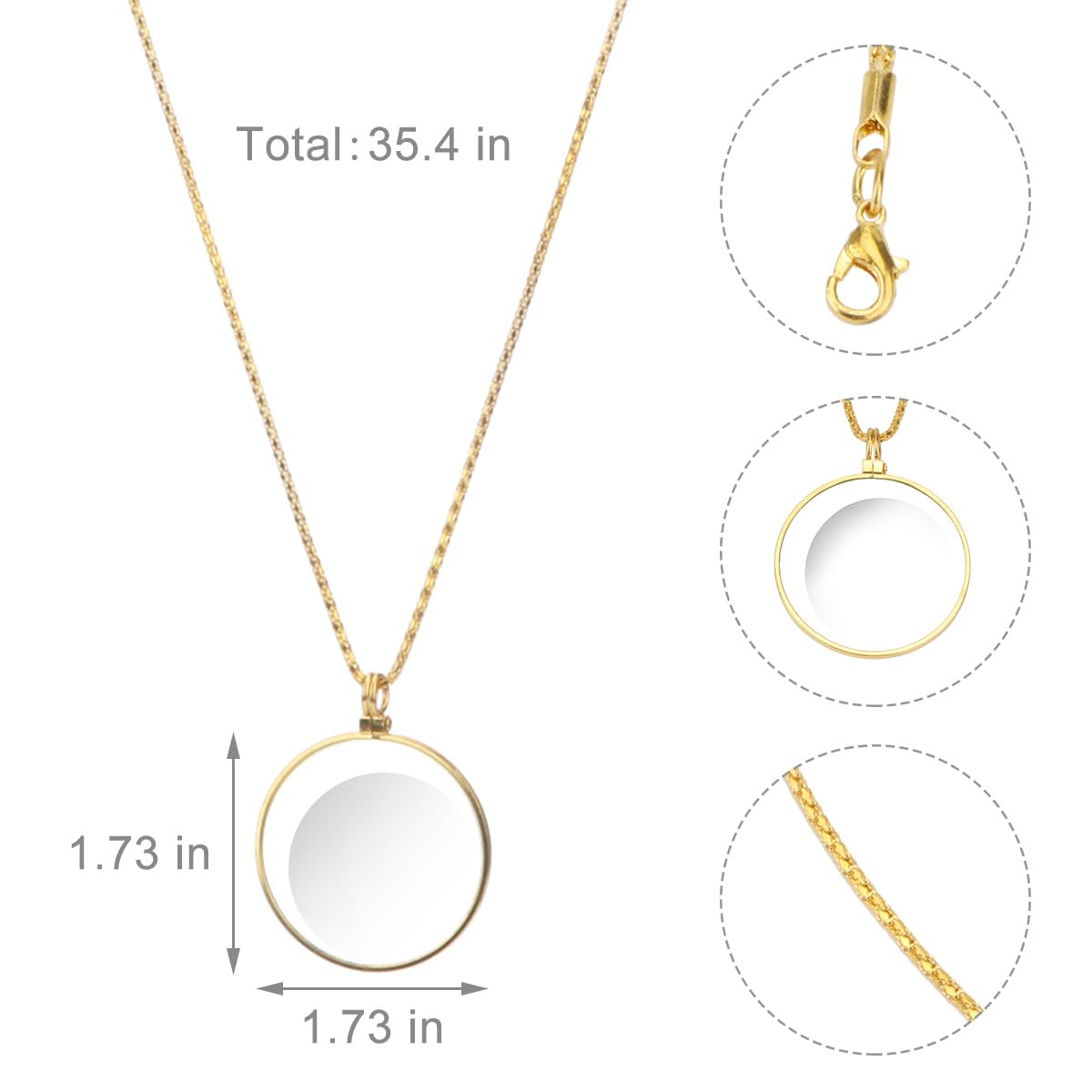 Rongon Magnifying Glass Pendant Necklace 5X Magnifiers Necklaces with 42mm Diameter Glass Jewerly Long Chain Magnifying Monocle Lens Book Reading Accessories for Parents?Gold?