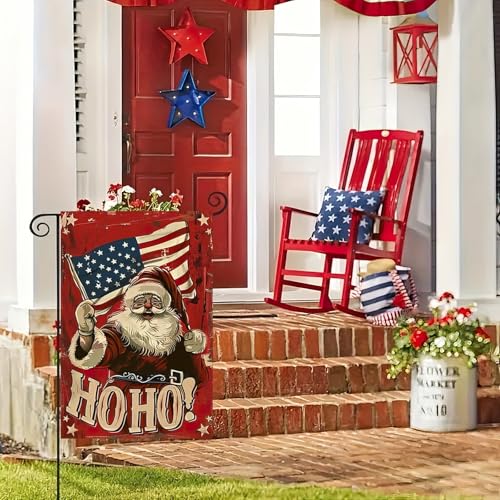 Image of Blissyard Patriotic Christmas Santa Claus Garden Flag 12 x 18 Inch Double Sided America Flag Winter Outdoor Holiday Ho Ho Ho Merry Christmas Banner USA Seasonal Yard Decorative Flag